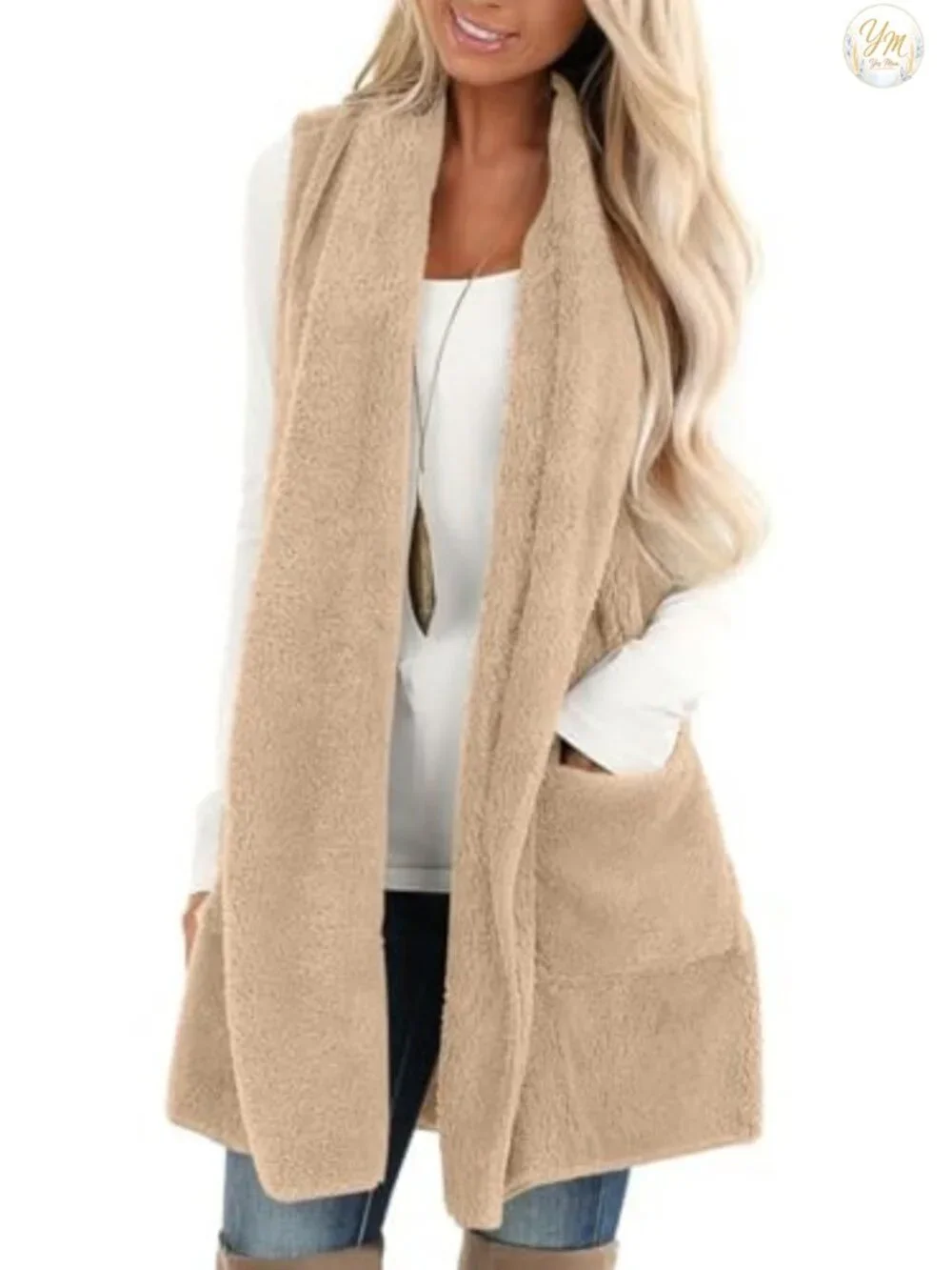Sleeveless Sherpa Vest with Pockets Open Front Fleece Cardigan for Women